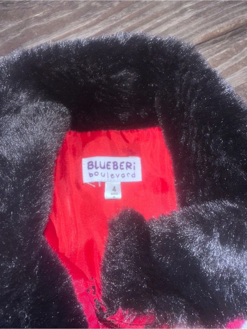 Blueberi Boulevard Black Faux Fur Collar Coat and dress with Red Lining